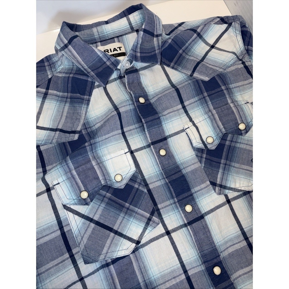 ARIAT Men's M Retro Fit Short Sleeve Pearl Snap‎ Shirt Blue Cowboy Rodeo Ranch